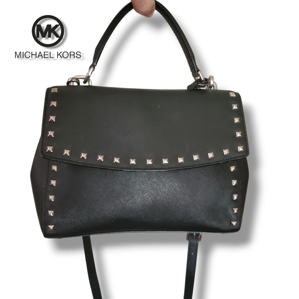 Michael KORS Black Saffiano Leather Top Handle Silver Studded Crossbody Satchel - Picture 3 of 17